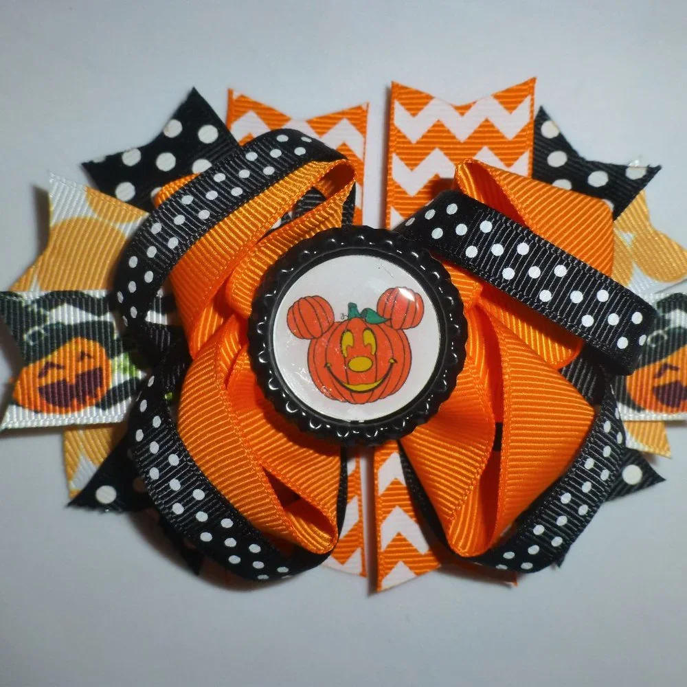 Halloween Mickey Mouse Pumpkin Girls 5-Inch Hair Bow Clip
